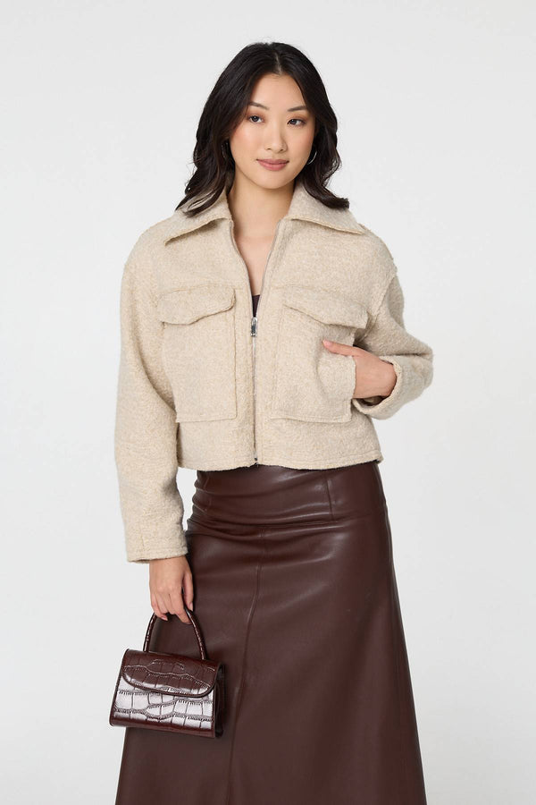 Beige | Collared Pocket Front Cropped Jacket

