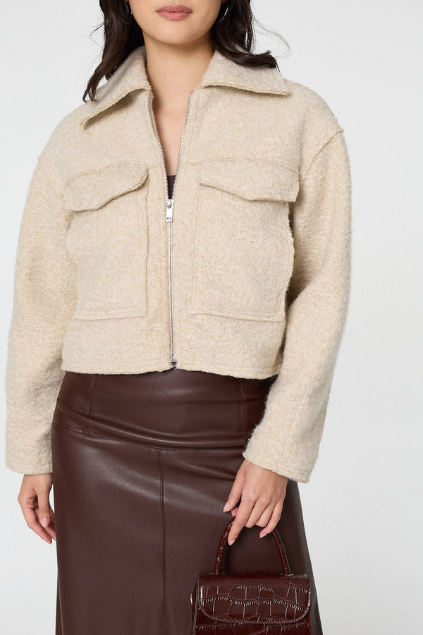 Beige | Collared Pocket Front Cropped Jacket
