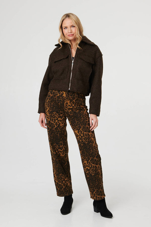 Brown | Collared Pocket Front Cropped Jacket
