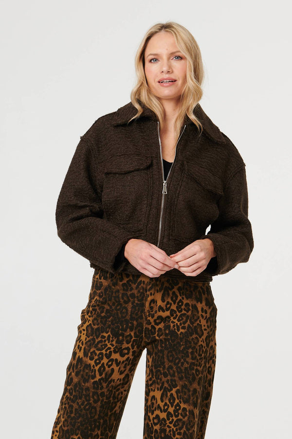 Brown | Collared Pocket Front Cropped Jacket
