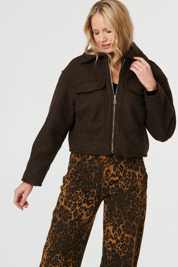 Brown | Collared Pocket Front Cropped Jacket
