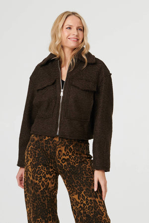 Brown | Collared Pocket Front Cropped Jacket : Model is 5'10