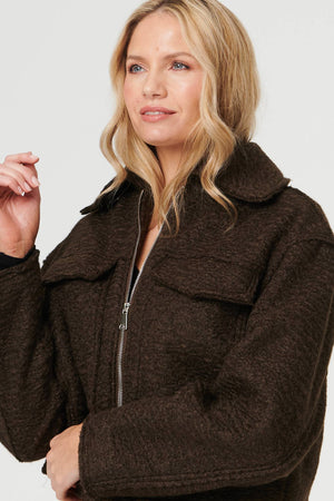 Brown | Collared Pocket Front Cropped Jacket
