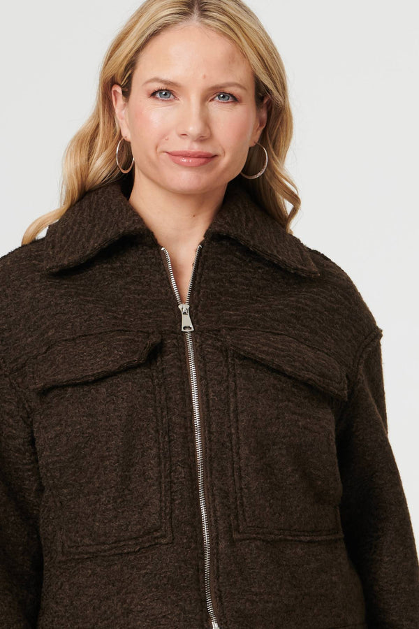 Brown | Collared Pocket Front Cropped Jacket
