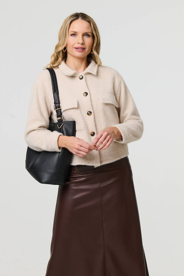 Beige | Flannel Cropped Pocket Front Shacket
