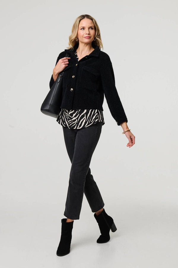 Black | Flannel Cropped Pocket Front Shacket
