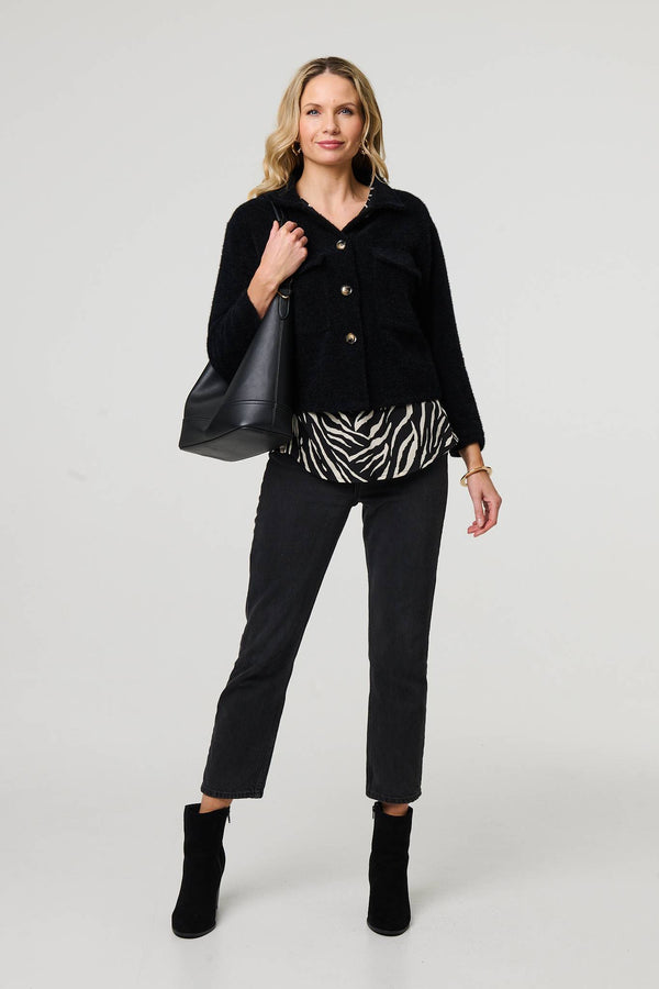 Black | Flannel Cropped Pocket Front Shacket
