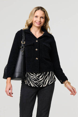 Black | Flannel Cropped Pocket Front Shacket
