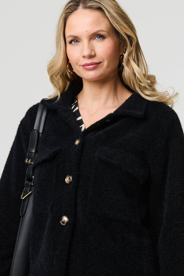 Black | Flannel Cropped Pocket Front Shacket
