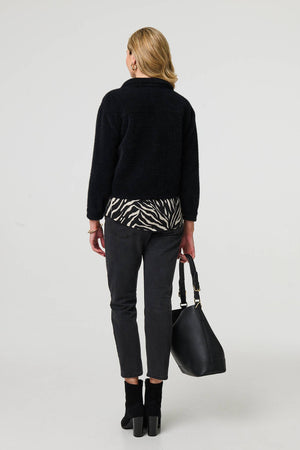 Black | Flannel Cropped Pocket Front Shacket
