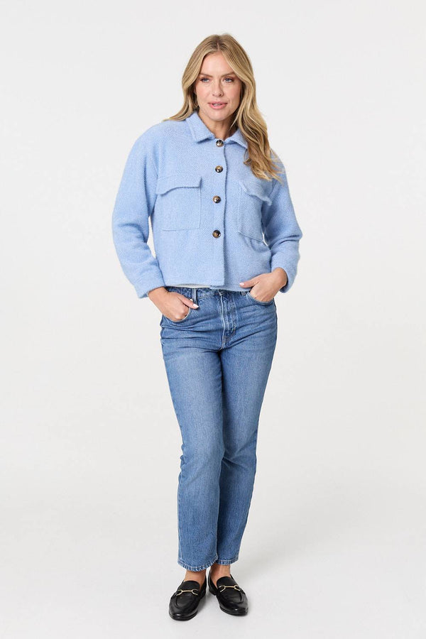 Blue | Flannel Cropped Pocket Front Shacket
