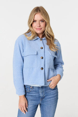 Blue | Flannel Cropped Pocket Front Shacket
