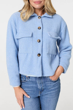 Blue | Flannel Cropped Pocket Front Shacket
