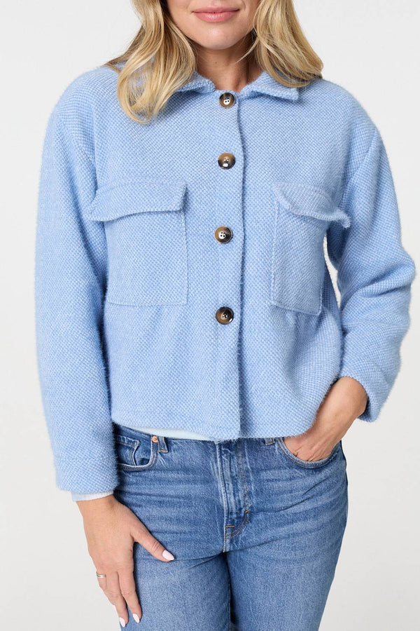 Blue | Flannel Cropped Pocket Front Shacket
