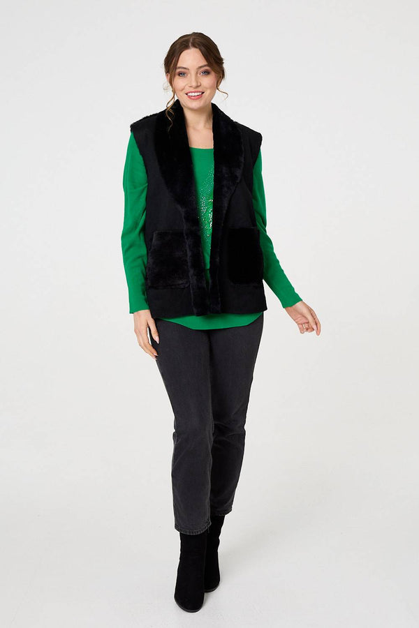 Black | Faux Fur Lined Suede Pocket Front Vest
