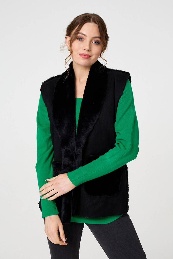 Black | Faux Fur Lined Suede Pocket Front Vest
