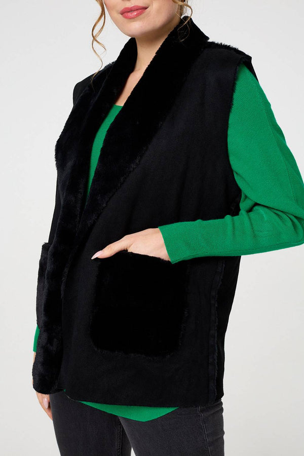 Black | Faux Fur Lined Suede Pocket Front Vest
