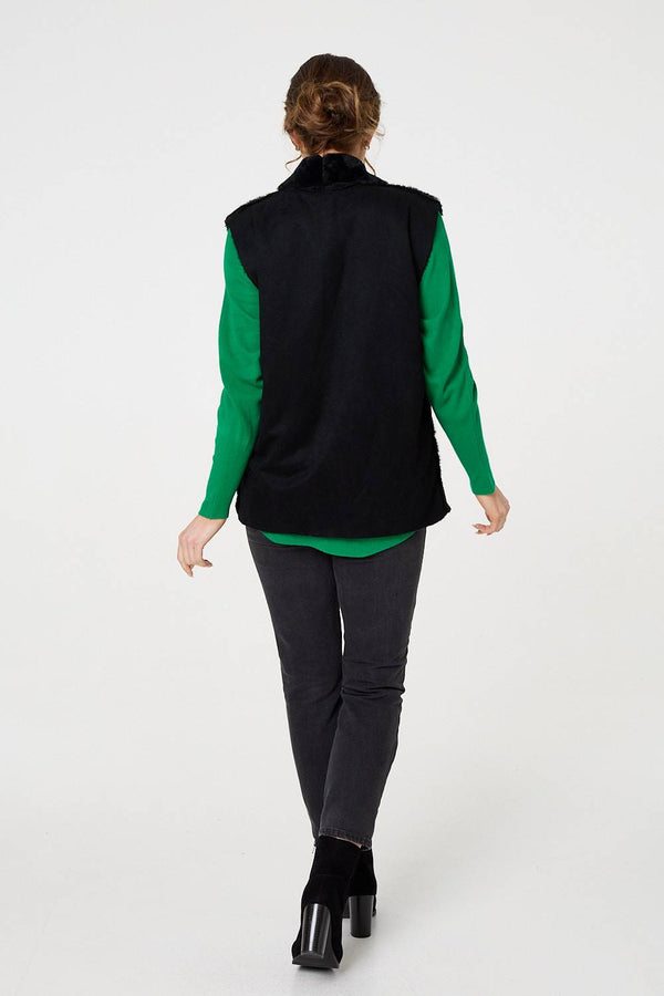 Black | Faux Fur Lined Suede Pocket Front Vest
