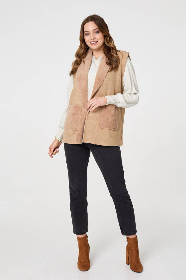 Brown | Faux Fur Lined Suede Pocket Front Vest
