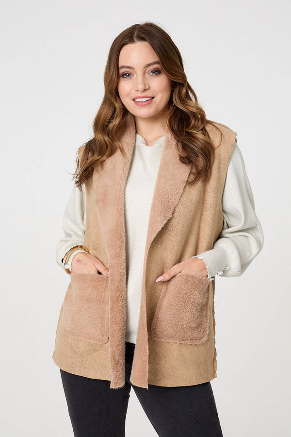 Brown | Faux Fur Lined Suede Pocket Front Vest
