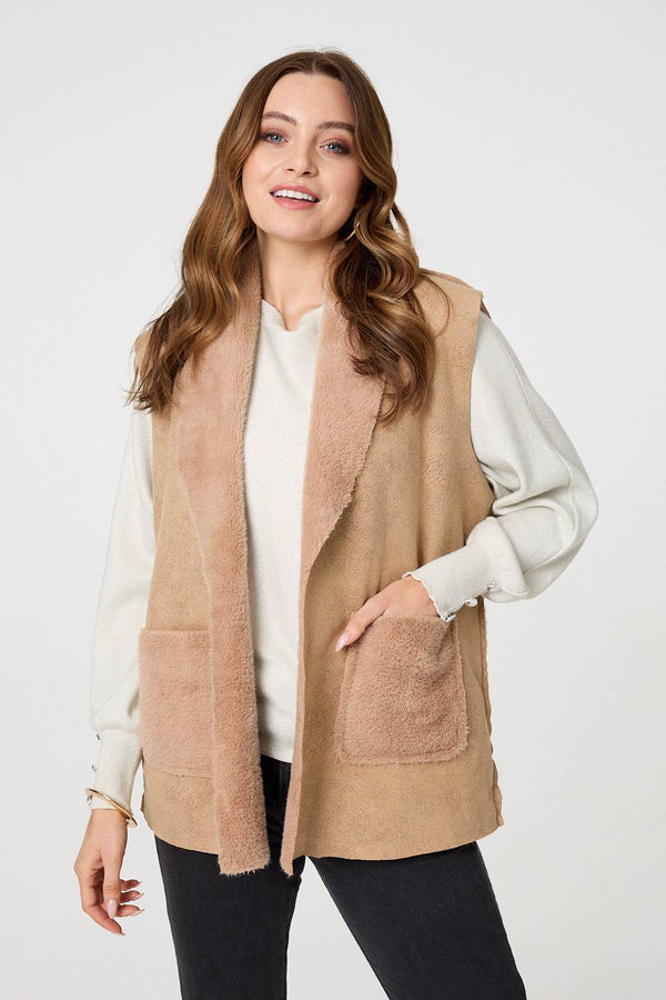 Brown | Faux Fur Lined Suede Pocket Front Vest
