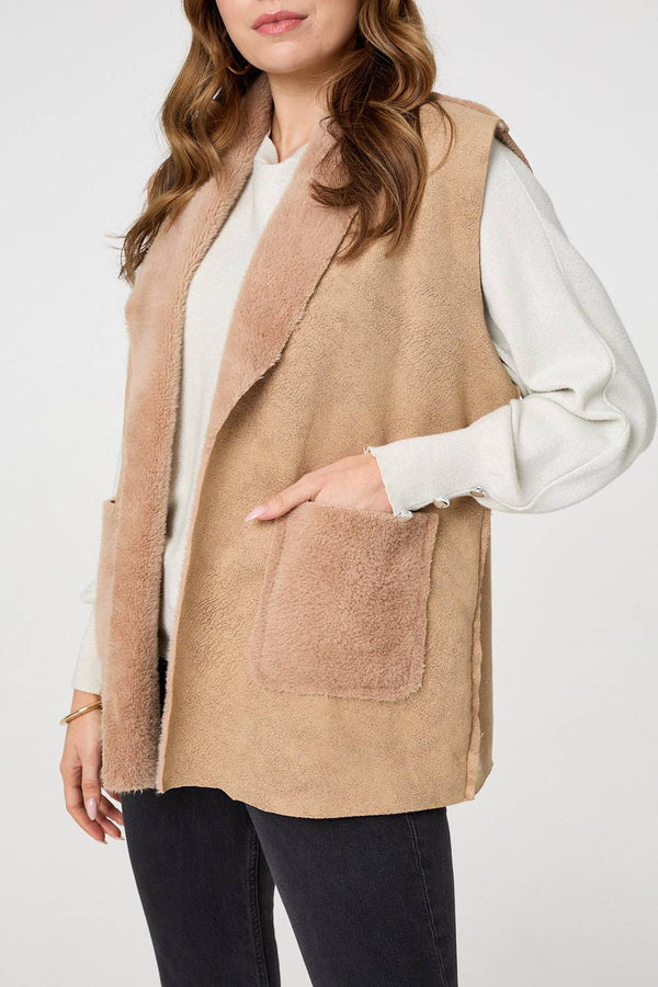 Brown | Faux Fur Lined Suede Pocket Front Vest
