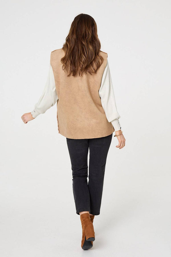 Brown | Faux Fur Lined Suede Pocket Front Vest
