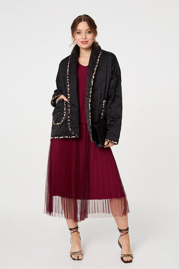 Black | Animal Print Trim Open Front Padded Coat
