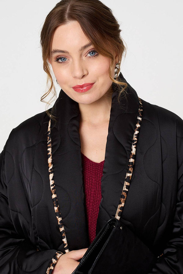 Black | Animal Print Trim Open Front Padded Coat
