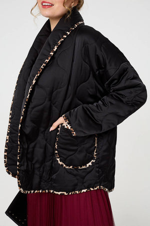 Black | Animal Print Trim Open Front Padded Coat
