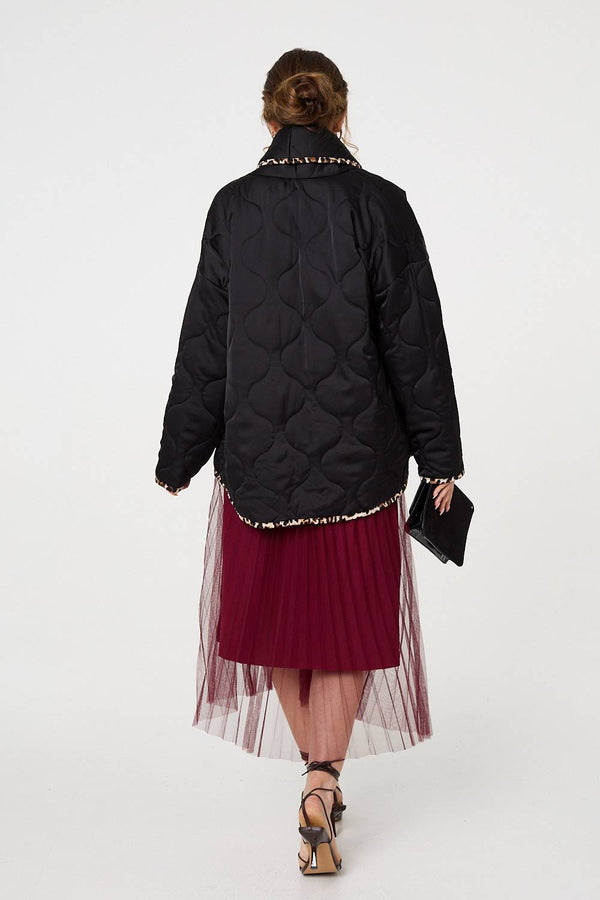 Black | Animal Print Trim Open Front Padded Coat

