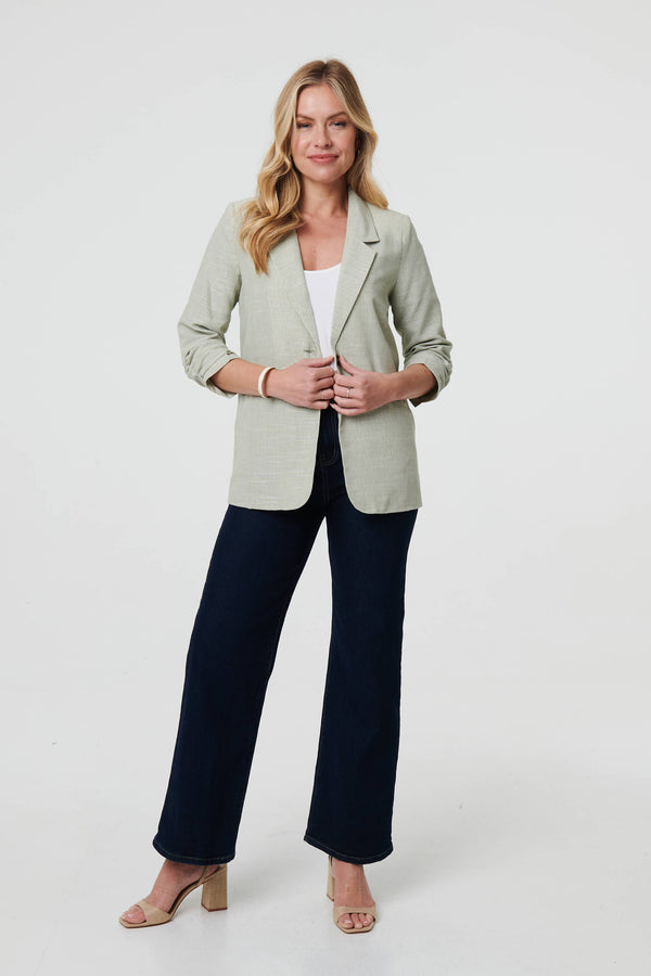 Green | Checked 3/4 Sleeve Button Front Blazer
