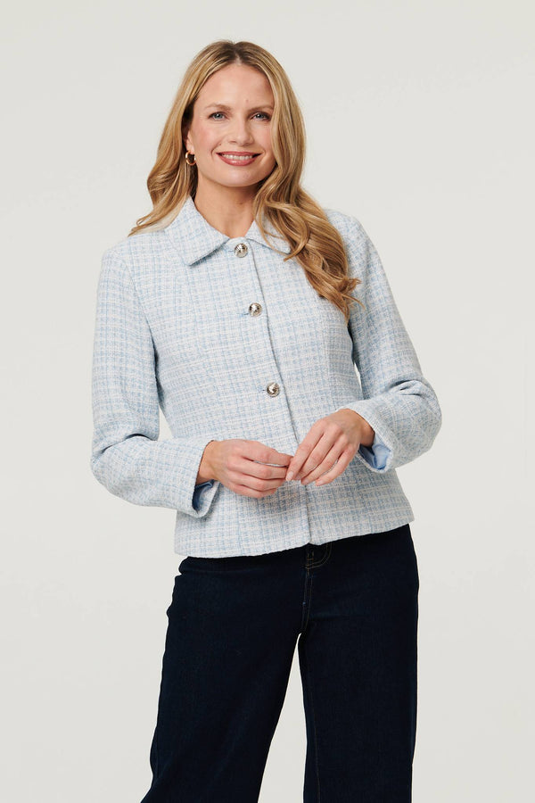 Blue | Textured Button Detail Fitted Jacket