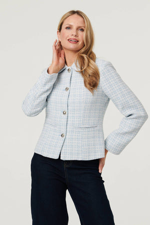 Blue | Textured Button Detail Fitted Jacket