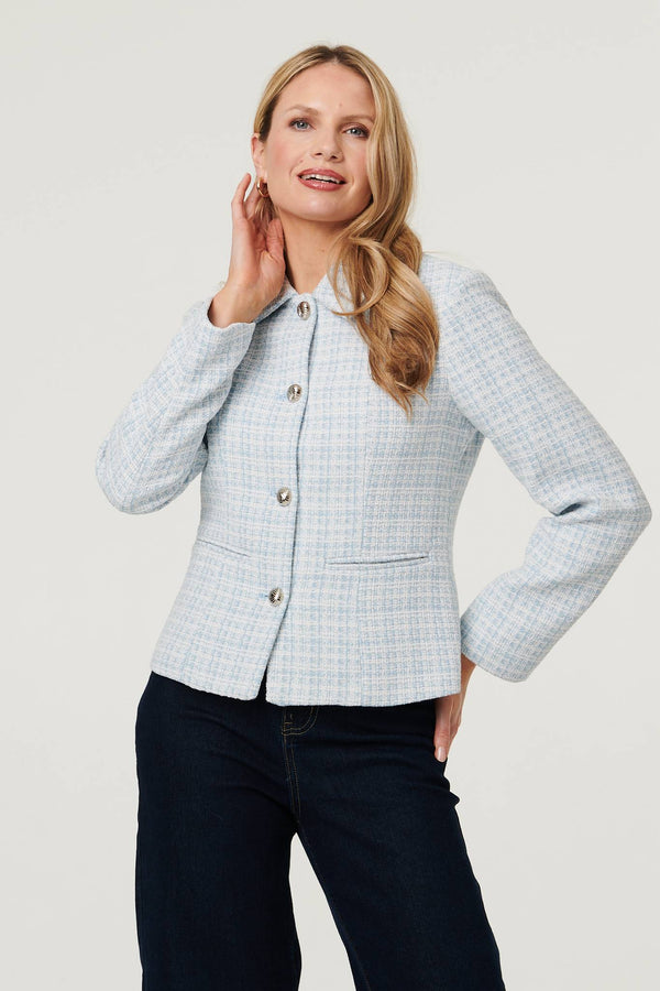 Blue | Textured Button Detail Fitted Jacket