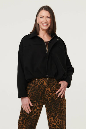 Black | Faux Suede Ruched Relaxed Bomber Jacket
