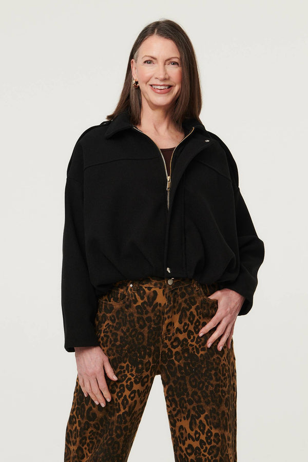 Black | Faux Suede Ruched Relaxed Bomber Jacket