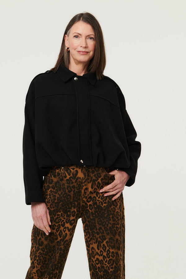 Black | Faux Suede Ruched Relaxed Bomber Jacket