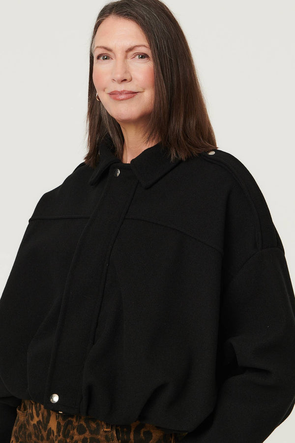 Black | Faux Suede Ruched Relaxed Bomber Jacket