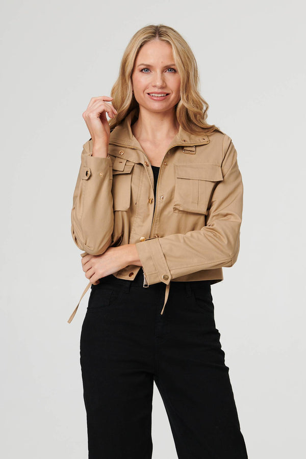 Beige | Buckled Pocket Detail Cropped Jacket