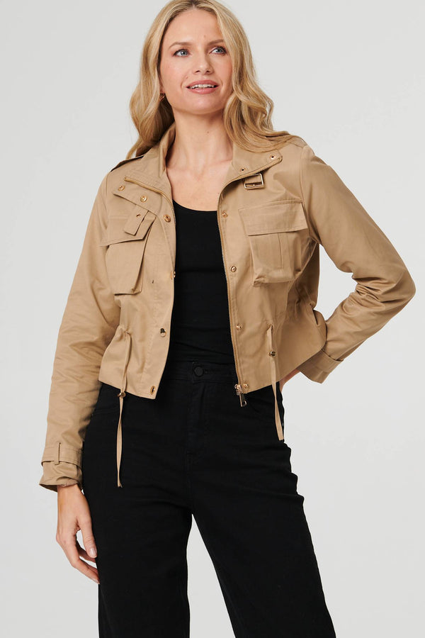 Beige | Buckled Pocket Detail Cropped Jacket