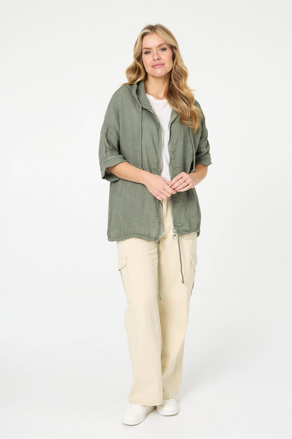 Khaki | Zip Front Drawstring Hooded Parka Jacket
