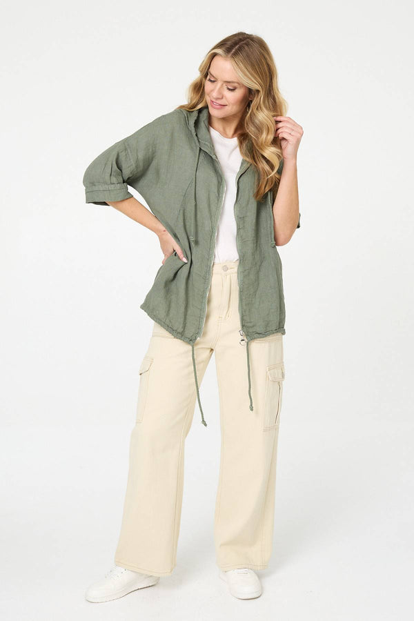 Khaki | Zip Front Drawstring Hooded Parka Jacket
