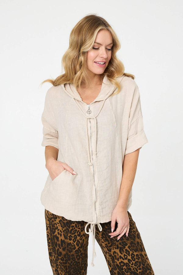 Beige | Zip Front Drawstring Hooded Parka Jacket : Model is 5'10"/178 cm and wears UK8/EU36/US4/AUS8