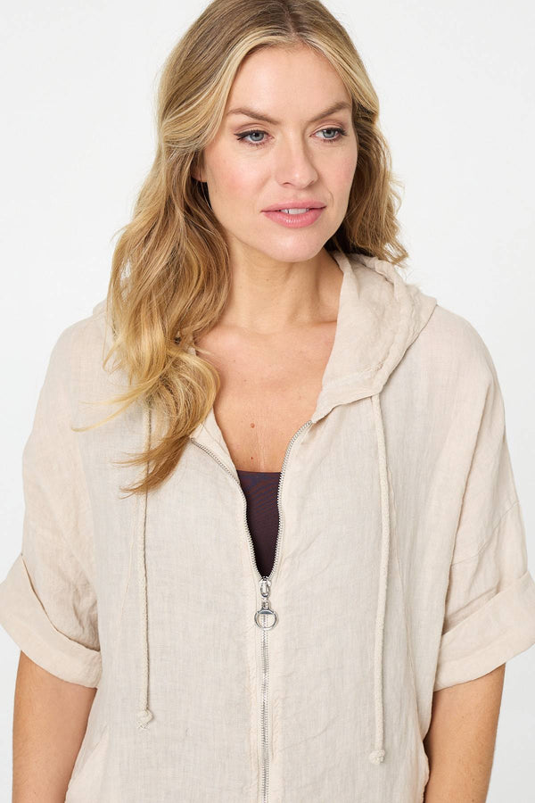 Beige | Zip Front Drawstring Hooded Parka Jacket
