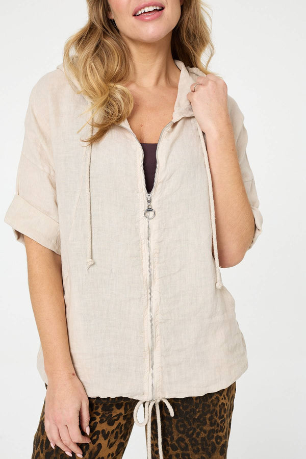 Beige | Zip Front Drawstring Hooded Parka Jacket
