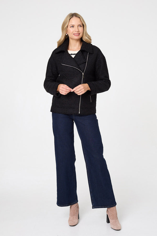 Black | Textured Asymmetric Biker Jacket
