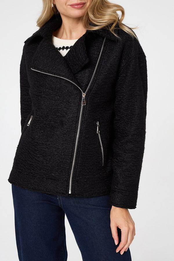 Black | Textured Asymmetric Biker Jacket
