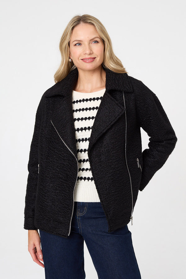 Black | Textured Asymmetric Biker Jacket
