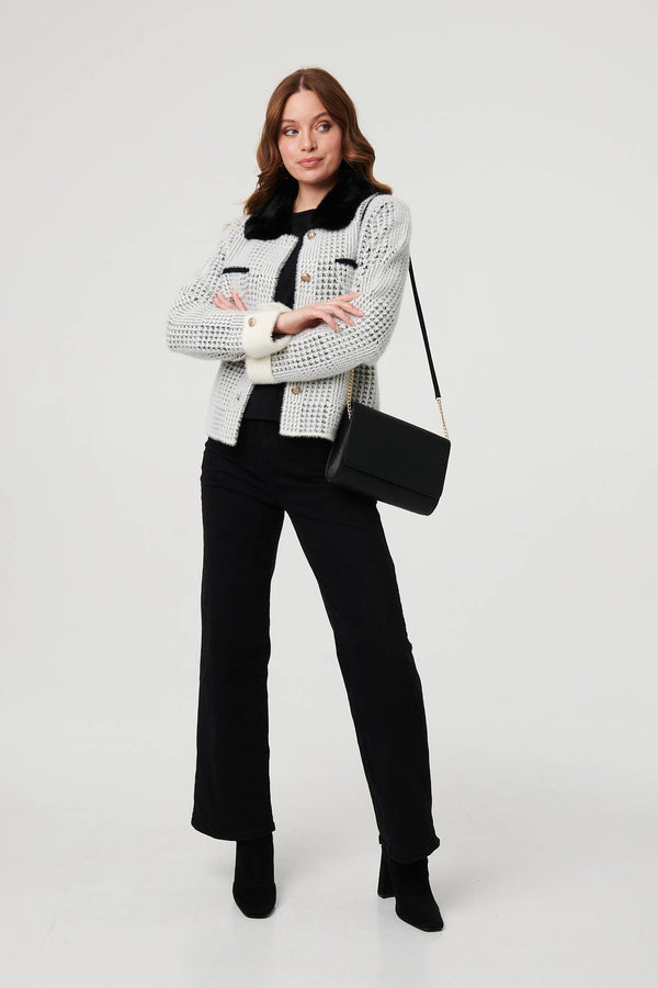 Black | Checked Faux Fur Long Sleeve Jacket
